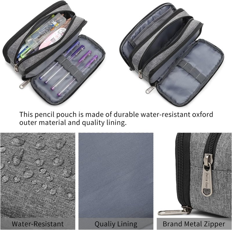 Della Gao Big Capacity Pencil Case, Aesthetic Pencil Pouch with 3 Compartments Large Pencil Bag Nylon Storage Pen Bag Office Stationery Organizer for Women and Men - Grey - Image 4
